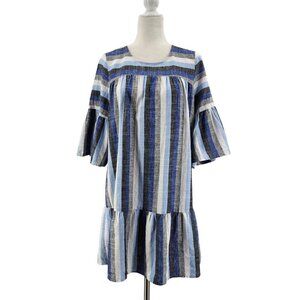 Amadi Striped Blue Gray Boho Bell Sleeve Dress Robe Womens Small